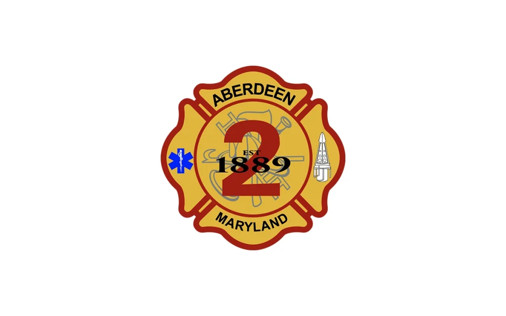 Aberdeen Maryland Fire Department badge featuring a large red “2,” “EST 1889,” firefighting tools, a blue medical star, and a fire hydrant icon.