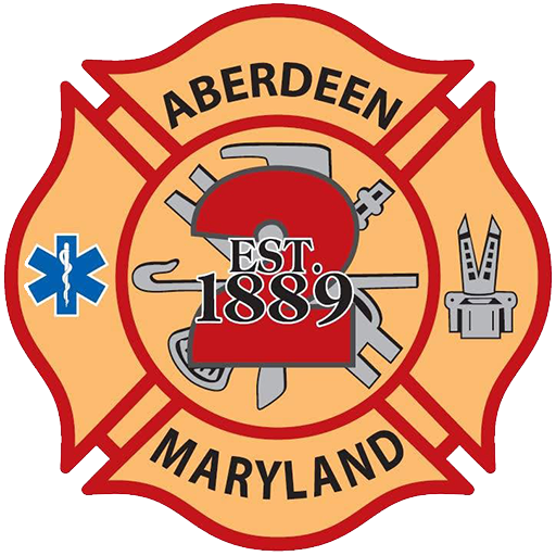Aberdeen Maryland Fire Department emblem, featuring a red Maltese cross with firefighting symbols, “EST. 1889” in the center, and “Aberdeen Maryland” text around the edges.