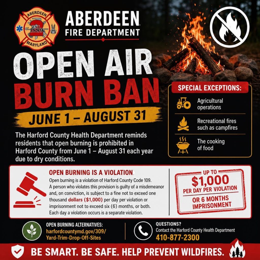 Aberdeen Fire Dept. Open Air Burn Ban: June 1–August 31. Burning is illegal, $1,000 fine or jail. Special exceptions: agriculture, cooking, recreational fires. Be smart, prevent wildfires. Contact 410-877-3050.